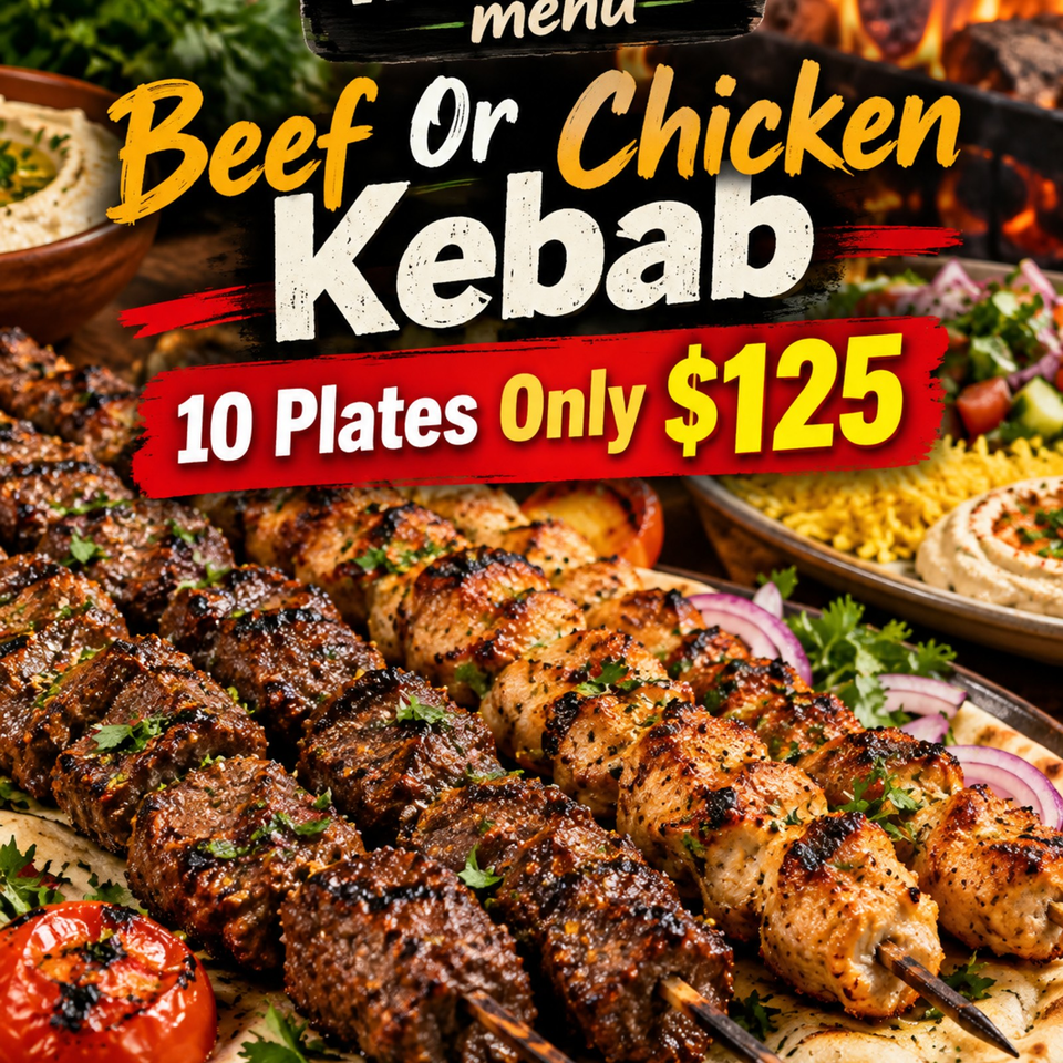 Promotional menu graphic featuring grilled beef and chicken kebabs with sides, labeled “10 Plates Only $125.”