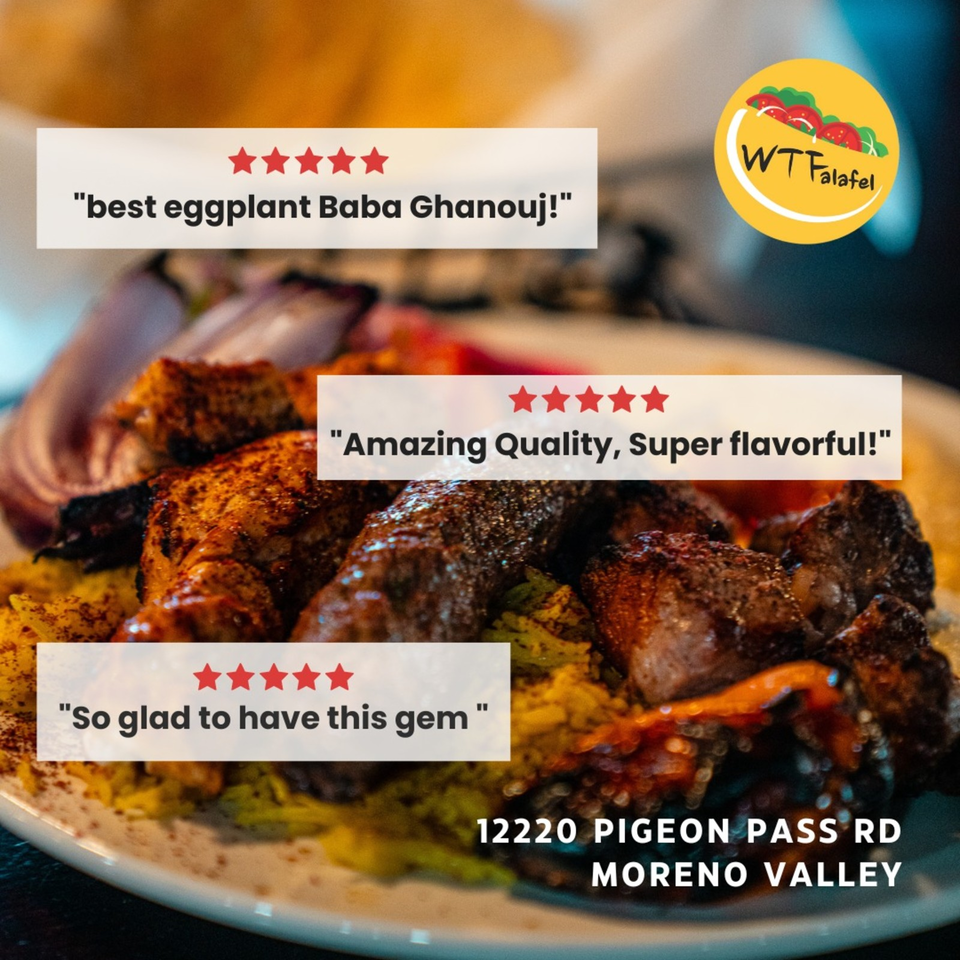 Platter of colorful Middle Eastern foods beneath five-star reviews, with WT Falafel logo and Moreno Valley address.