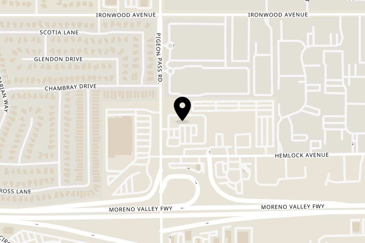 Map showing the location of WTFalafel on 12220 Pigeon Pass Rd J in Moreno Valley